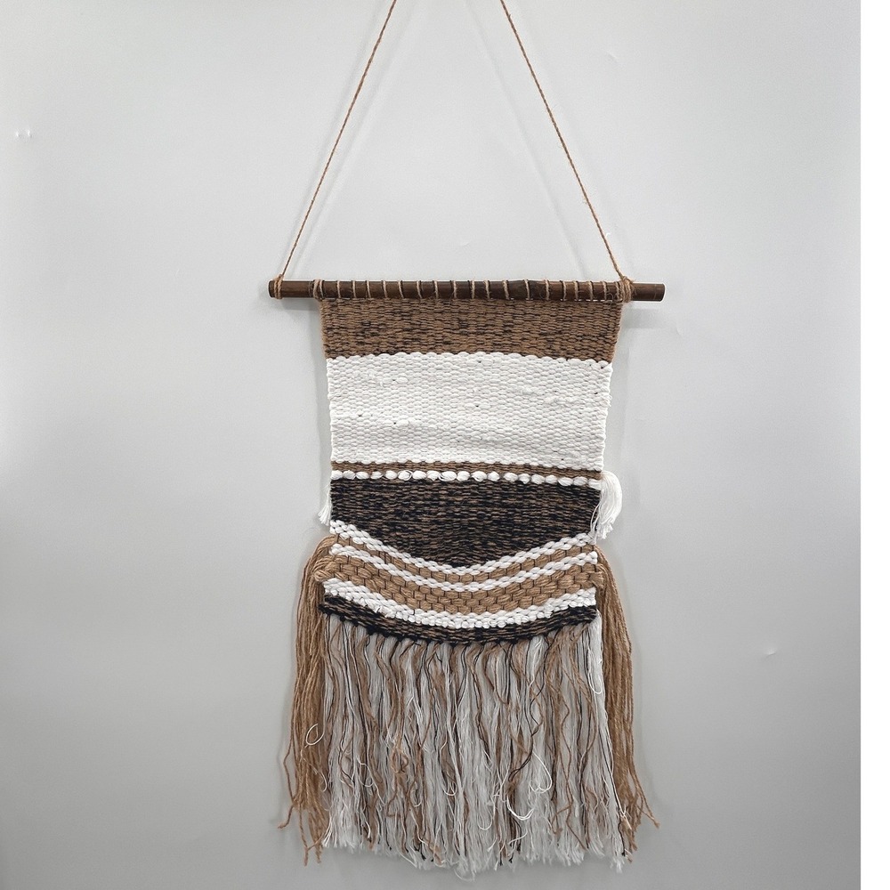 Boho Woven Macrame Wall Hanging Tassel Fringe Fiber Art Neutral Earthy Decor